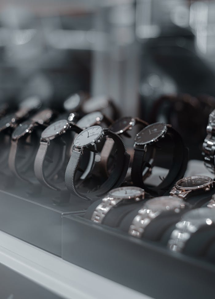 services-04 A detailed view of luxury wristwatches displayed in a store showcase, highlighting style and sophistication.