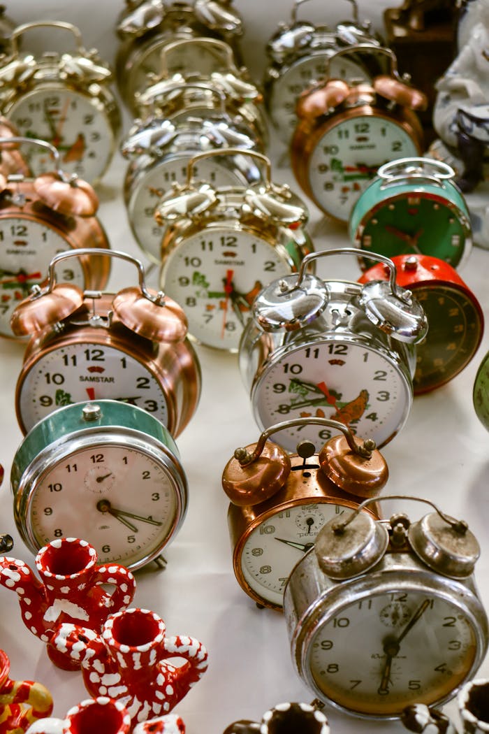 embark A variety of vintage alarm clocks in assorted colors showcased on a table.